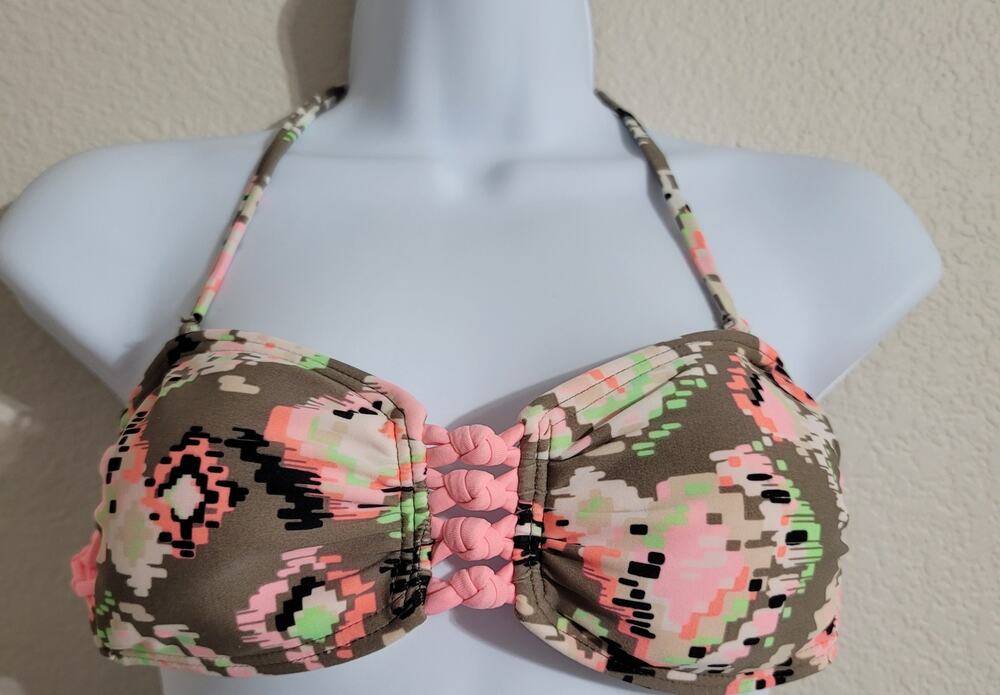 Gossip Tan Orange Geo Print Bandeau Bikini Top Small Padded Braided Sides